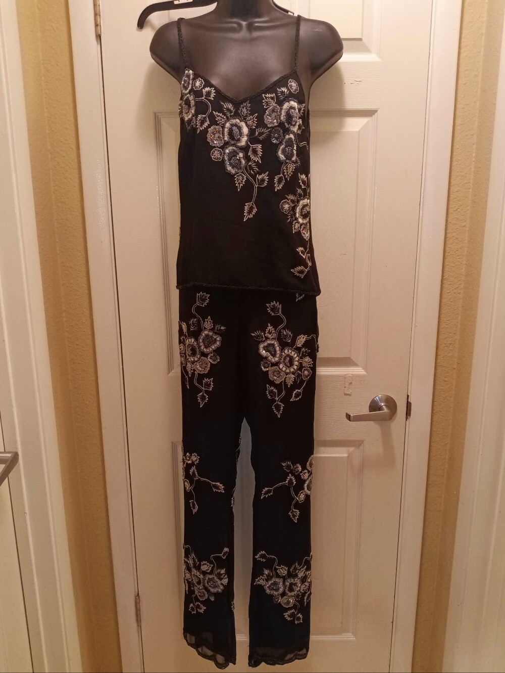 Vintage Emma Black Floral Bead Embroidered Camisole & Wide-Leg Pants Set Sz 2